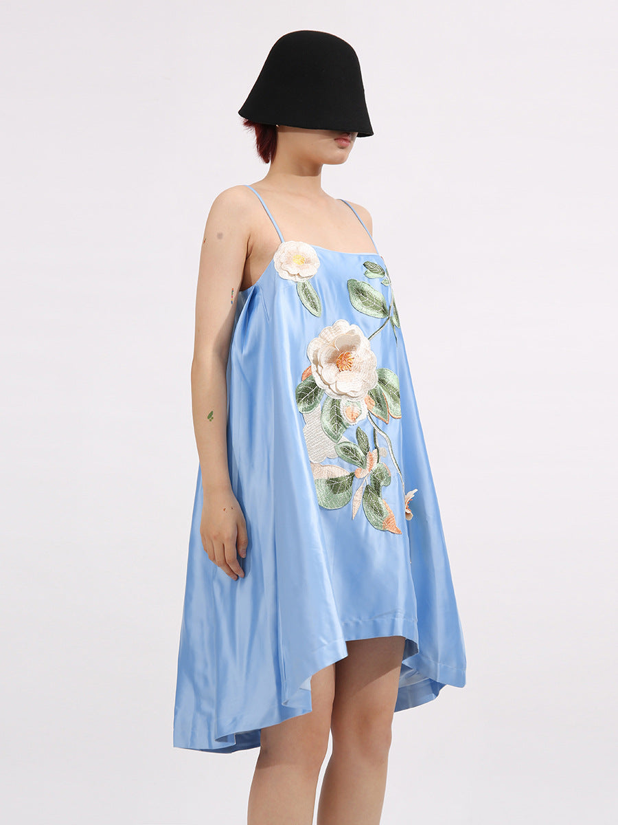 Edwina Applique Floral Embroidered Mini Dress In Blue Flowering Girl