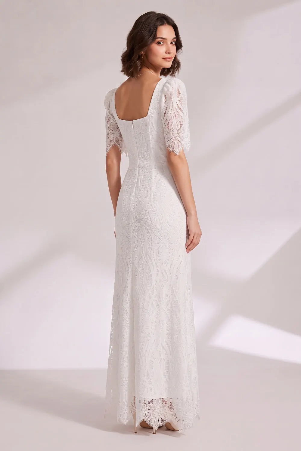 White Lace Floor-Length Dress with Puff Sleeves Flowering Girl