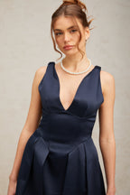 Chantale blue twist-detail satin midi dress Flowering Girl