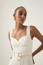 Sweetheart Neckline Belted Midi Dress In Ivory Flowering Girl