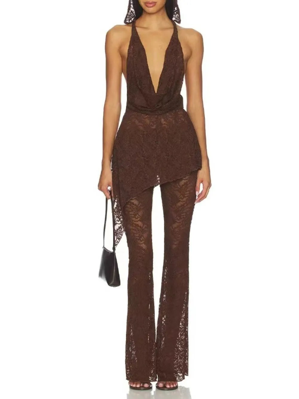 Senora Cowl Neck Lace Flared Pants Set In Coffee Flowering Girl