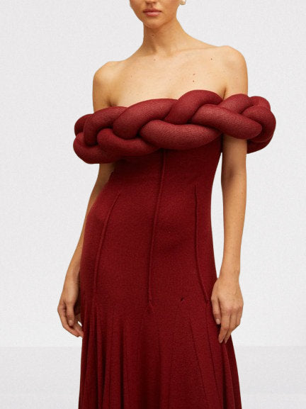 Padded Braided Off-Shoulder Maxi Dress in burgundy Flowering Girl