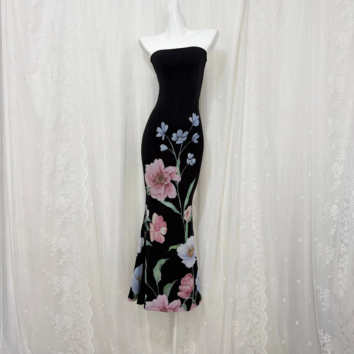 Black Floral Print Strapless Mermaid Maxi Dress Flowering Girl
