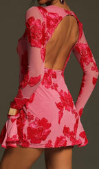 Carita Rose Red Flower Long Sleeve Mini Dress Flowering Girl