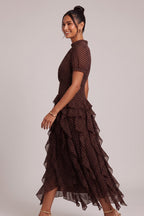 Brown Polka Dot Tiered Ruffle Midi Dress Flowering Girl