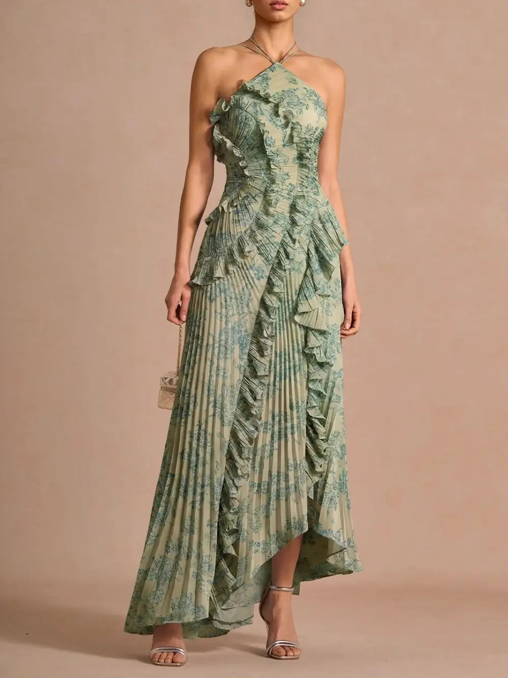 Finneas Platinum Teal Halter Pleated Maxi Dress Flowering Girl