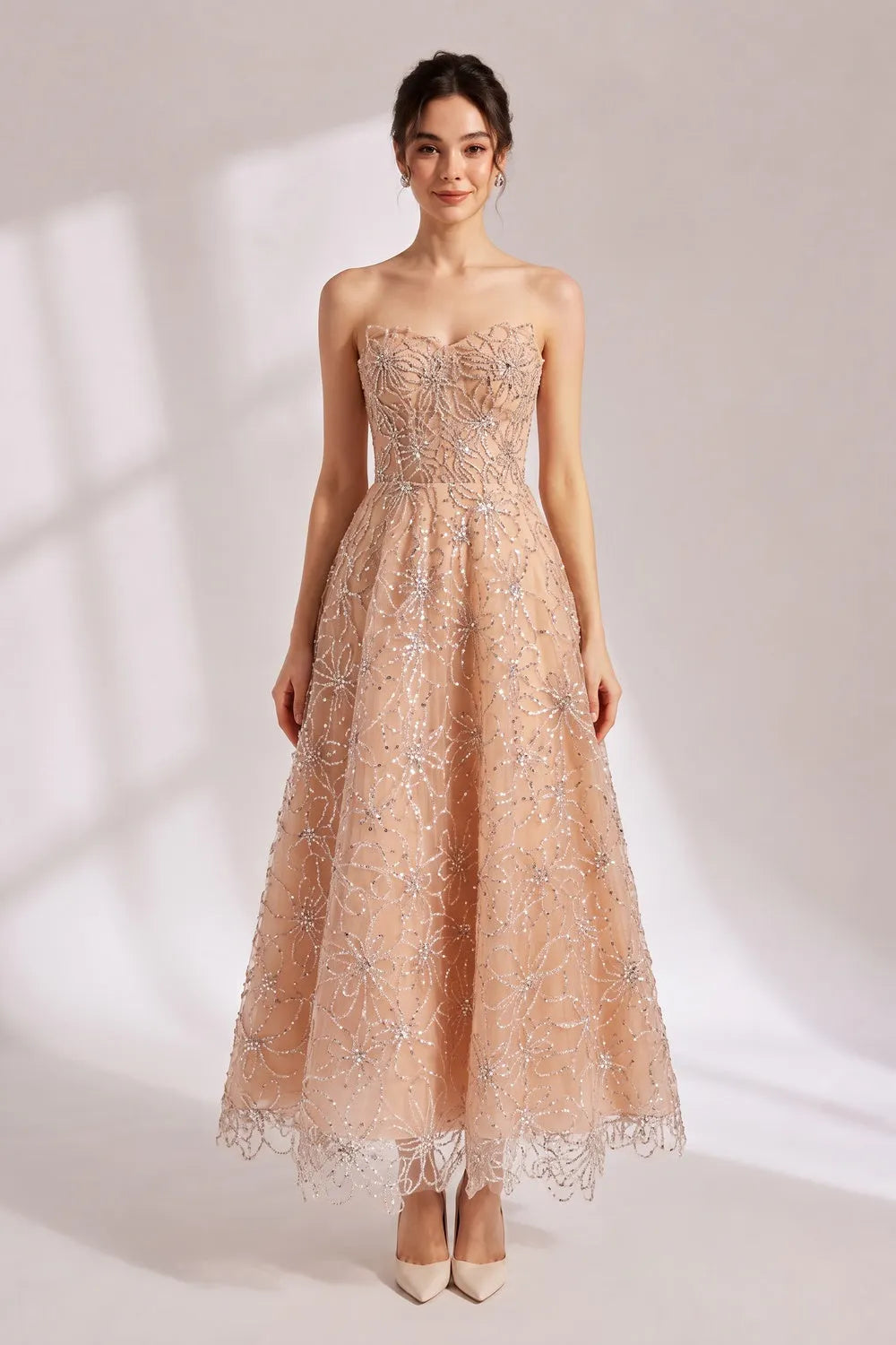 Nude Beaded Strapless Maxi Dress Flowering Girl