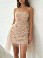 Madera Strapless Mesh Ruched Mini Dress Flowering Girl