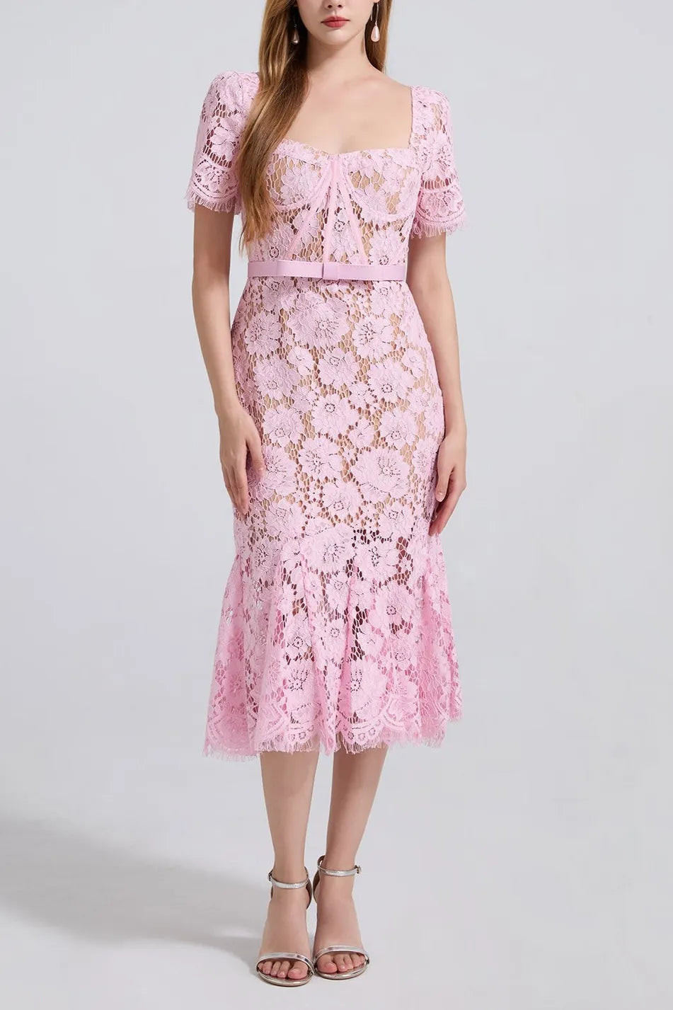 SQUARE NECK LACE MIDI DRESS IN PINK Flowering Girl