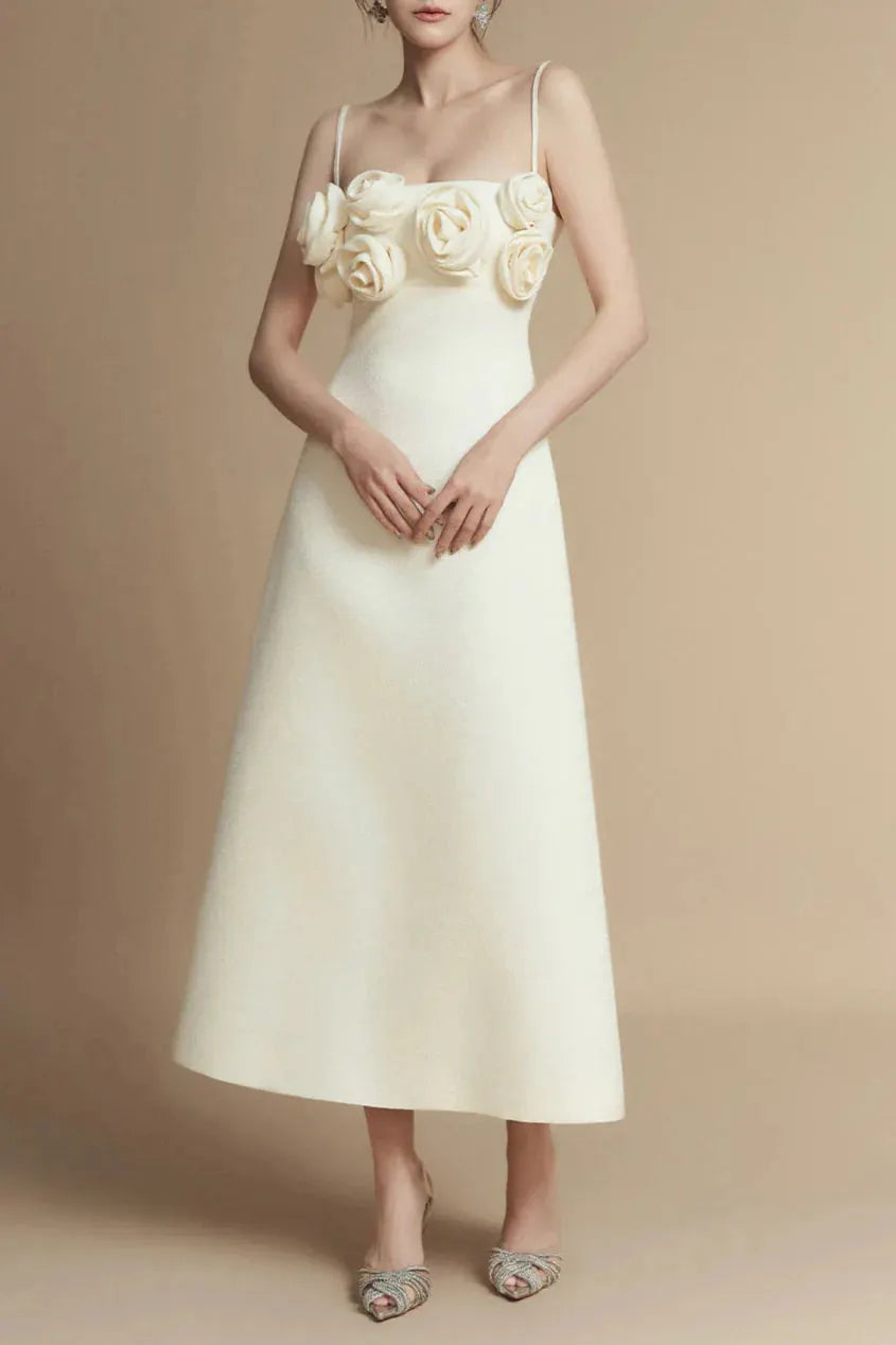 A-Line Flower Applique Linen Rayon Midi Dress Flowering Girl