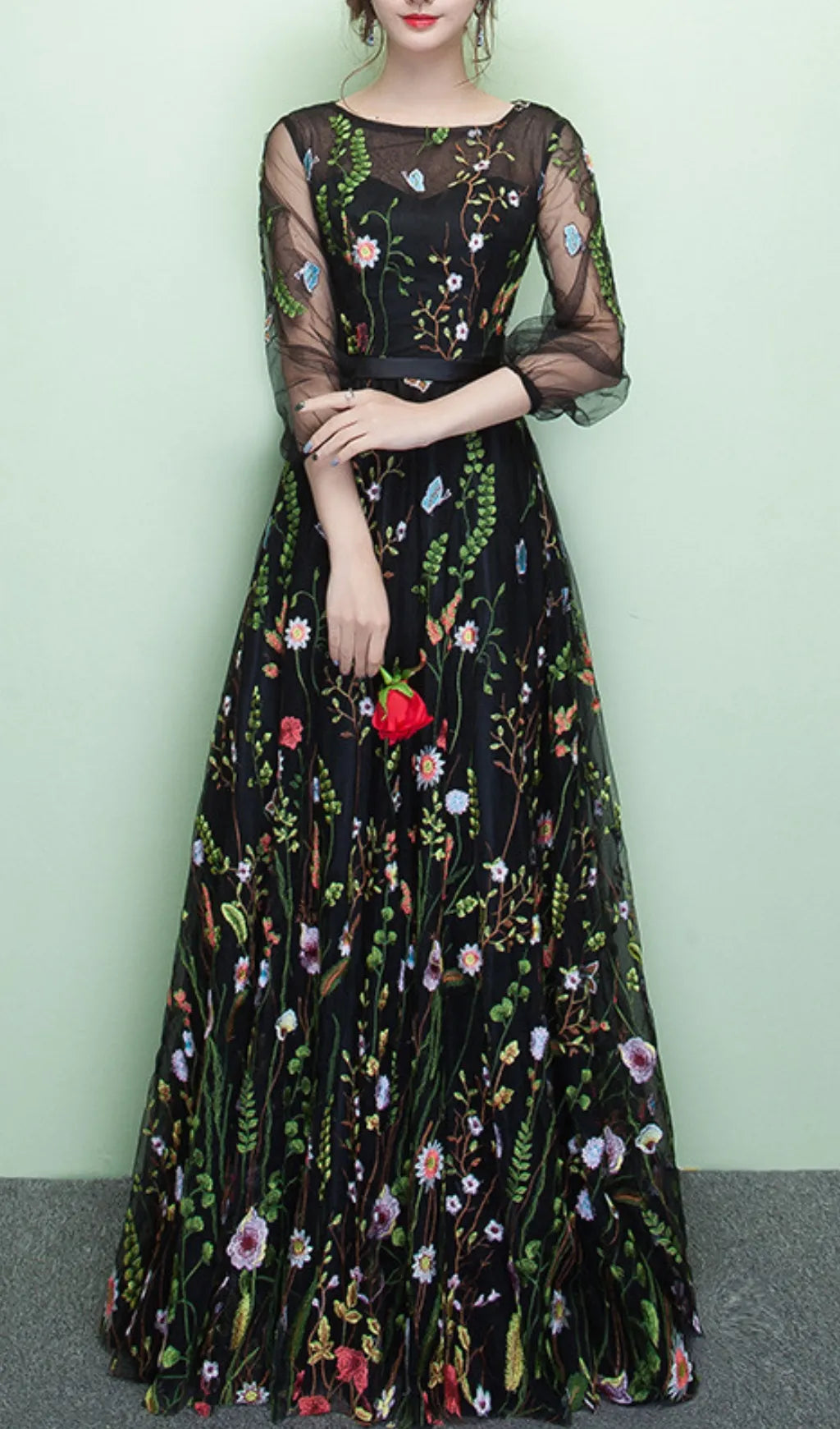 Dannell Black Flower Mesh Sleeve Maxi Dress Flowering Girl