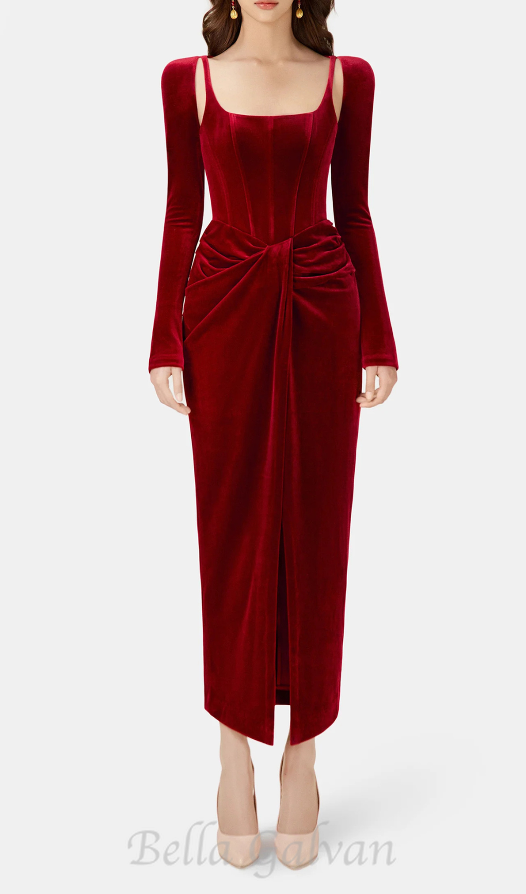 Bordeaux Velvet Draped midi Dress Flowering Girl