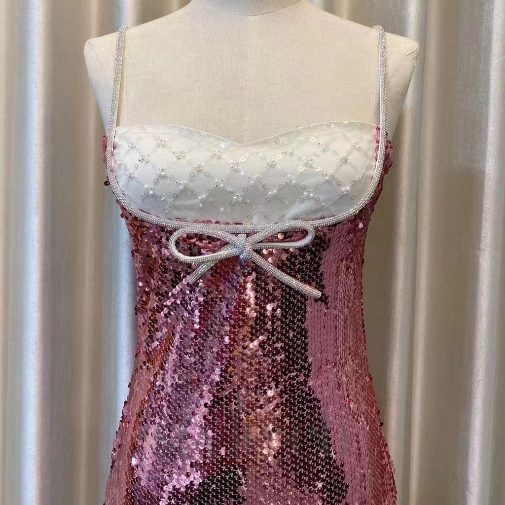 DAVINA SEQUINS DIAMANTE MINI DRESS IN PINK Flowering Girl