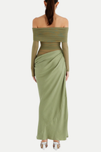 Enko Off Shoulder Ruched Mesh Maxi Dress - Green Flowering Girl