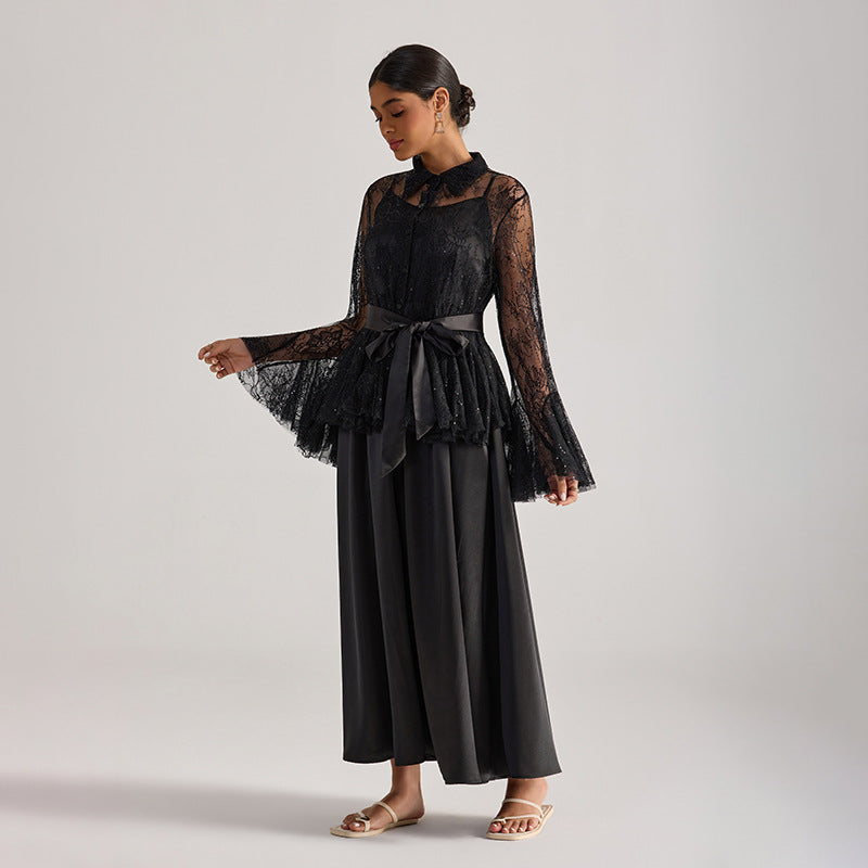 Tiffany Black Lace Bell-Sleeve Ruffle Embroidered Top Maxi Dress Set Flowering Girl
