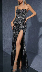 Hollie Black Sequin Split Maxi Dress Flowering Girl