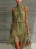 Green Floral Tie-Waist Chiffon Mini Dress Flowering Girl