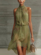 Green Floral Tie-Waist Chiffon Mini Dress Flowering Girl