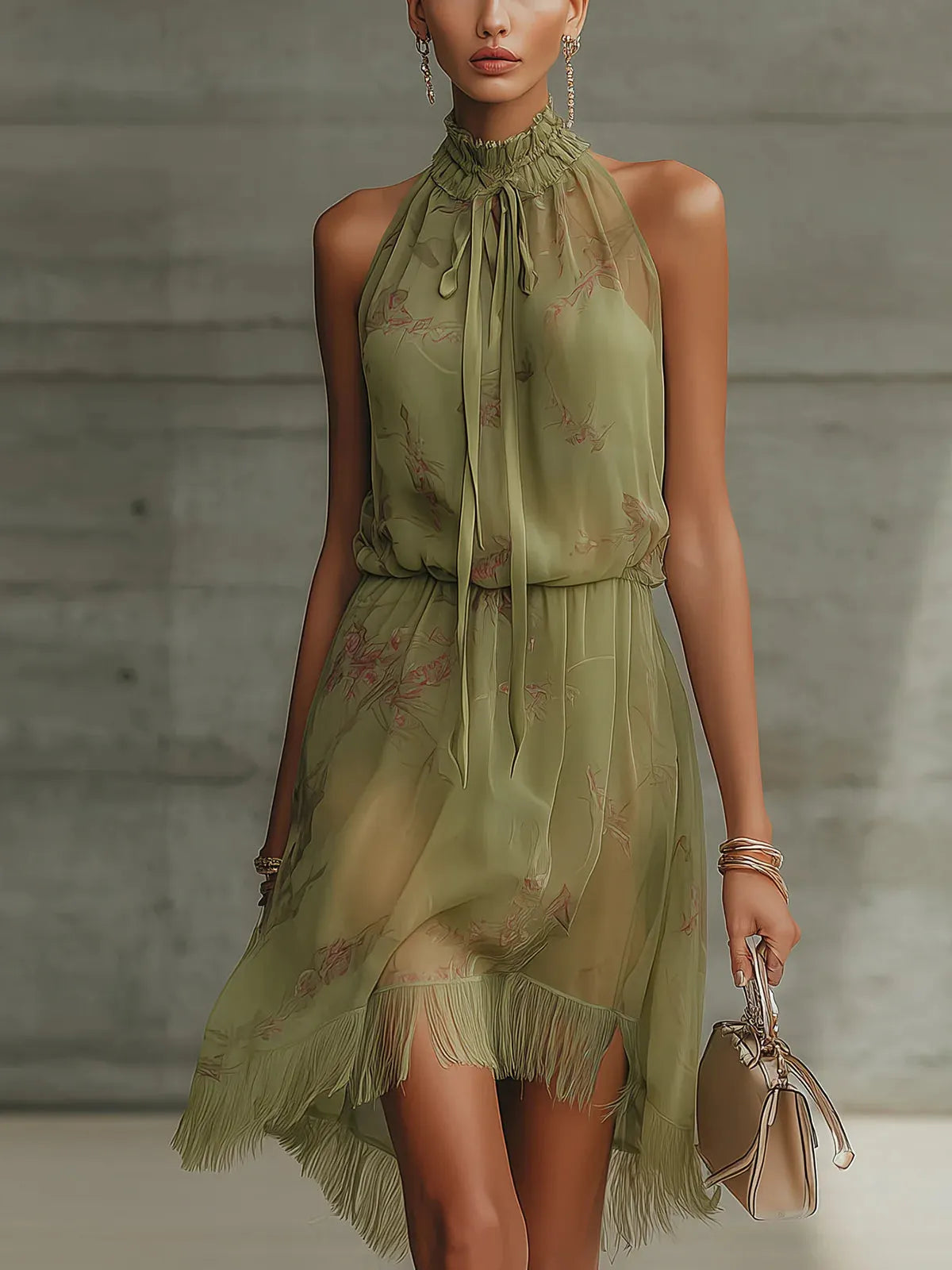 Green Floral Tie-Waist Chiffon Mini Dress Flowering Girl