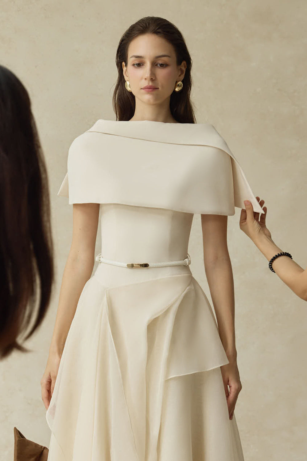 kelly beige Cape Sleeve Ruffle Midi Dress with belt Flowering Girl