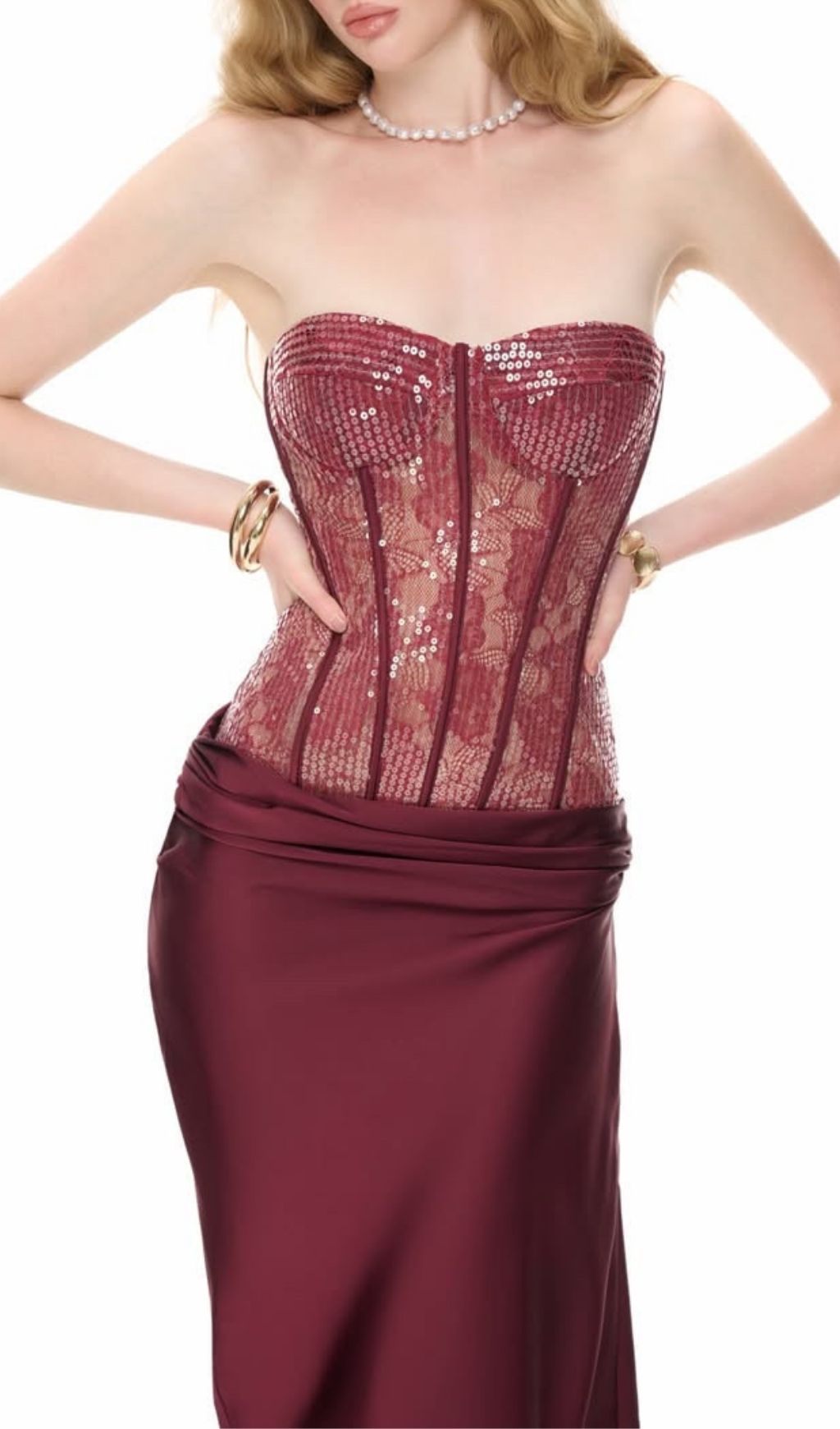 Kawthar Red Strapless Sequin Corset Maxi Dress Flowering Girl