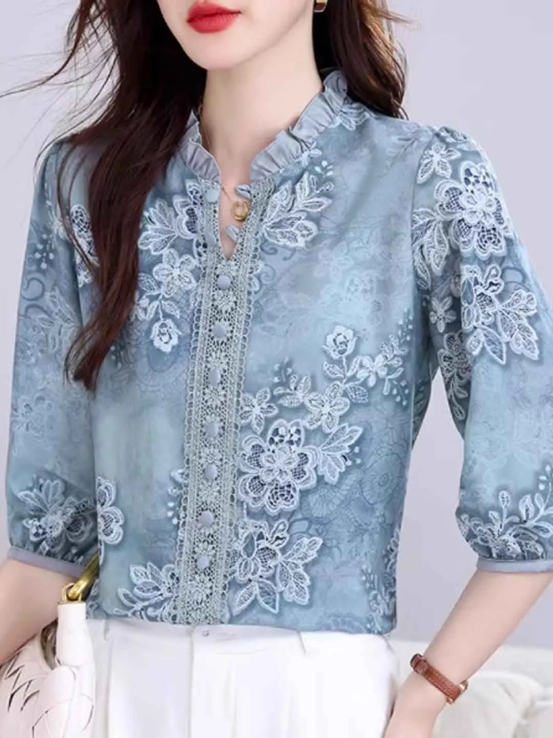 Simona Classic Auricular Collar Printed Chiffon Top Flowering Girl