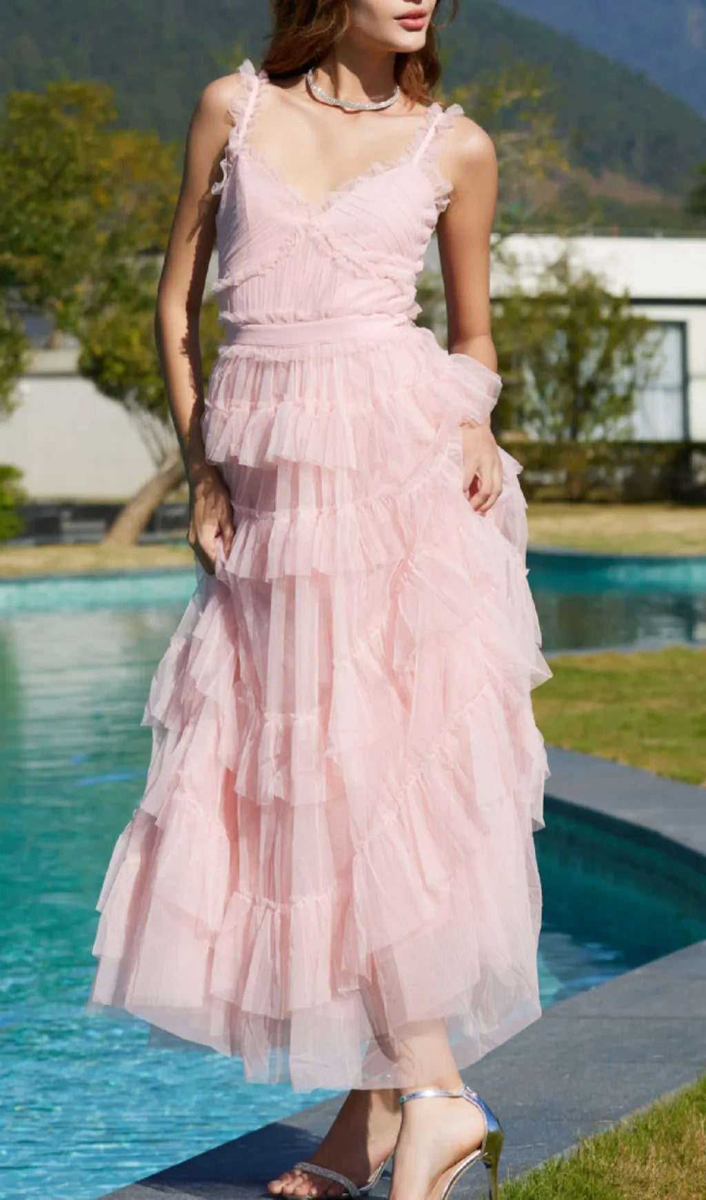 Pink Ruffle V Neck Sleeveless Tiered Tulle Maxi Dress Flowering Girl