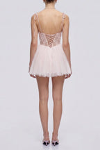 Tie Strap 3D Floral Mesh Corset Tulle Mini Dress Flowering Girl