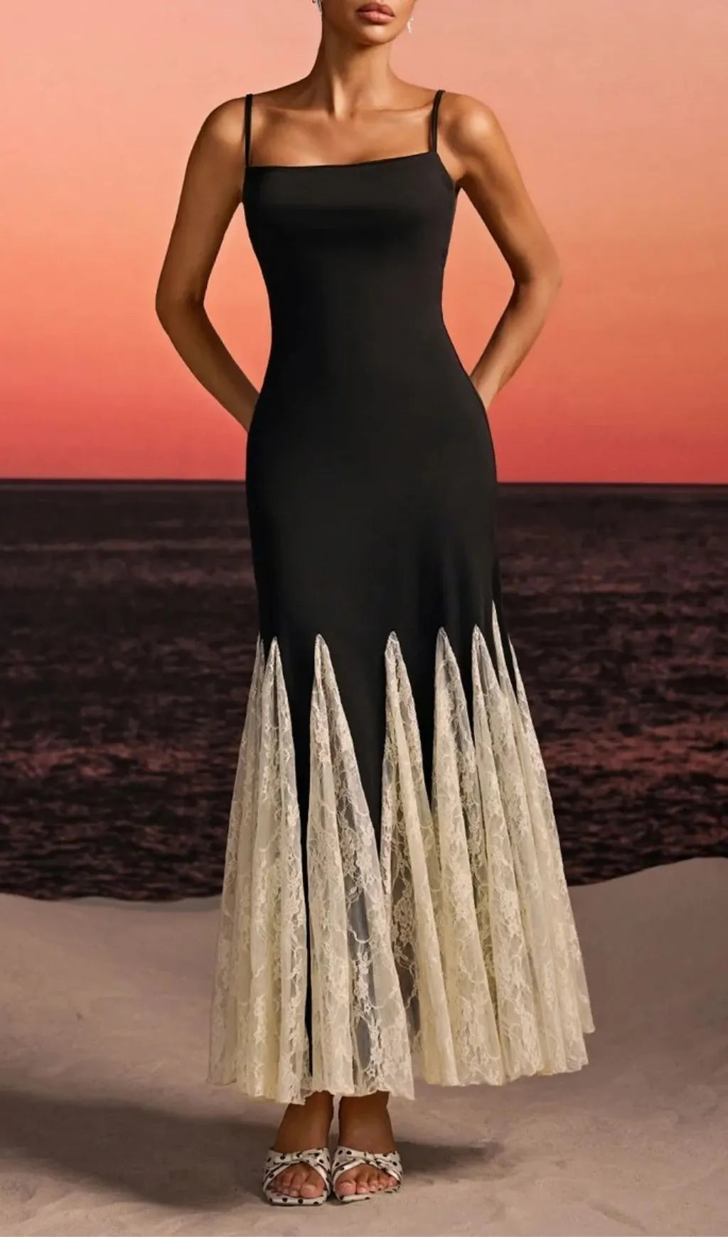 Farsel Spaghetti Lace Flared Maxi Dress Flowering Girl