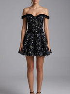 Jyvric Black Off Shoulder Flower Mini Dress Flowering Girl