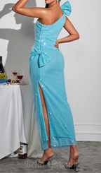 One Shoulder Bow Sequin Maxi Dress in blue Flowering Girl