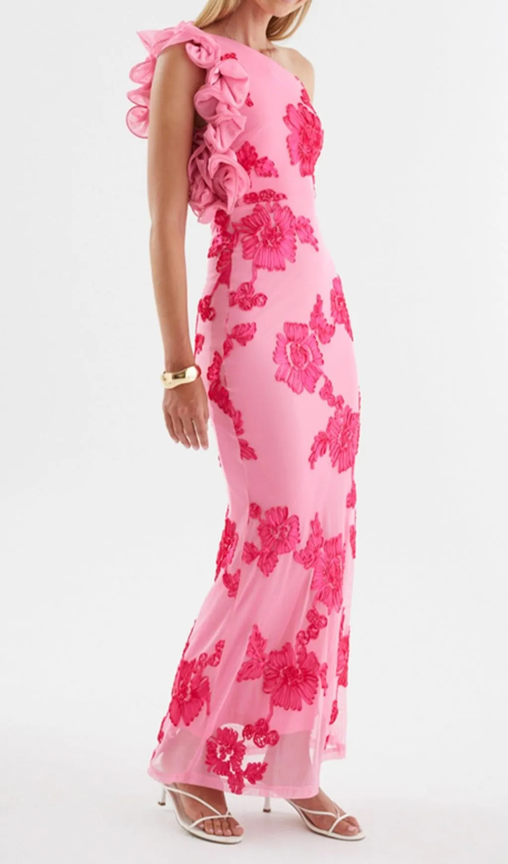 Novia One-Shoulder 3d Flower Embroidery Bodycon Maxi Dress - Pink Flowering Girl