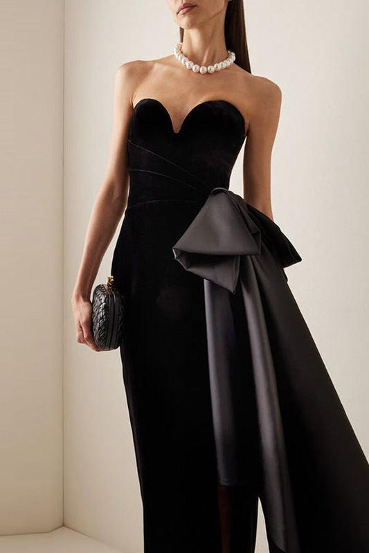 bow Irregular Asymmetric Sleeveless midi Dress in black Flowering Girl