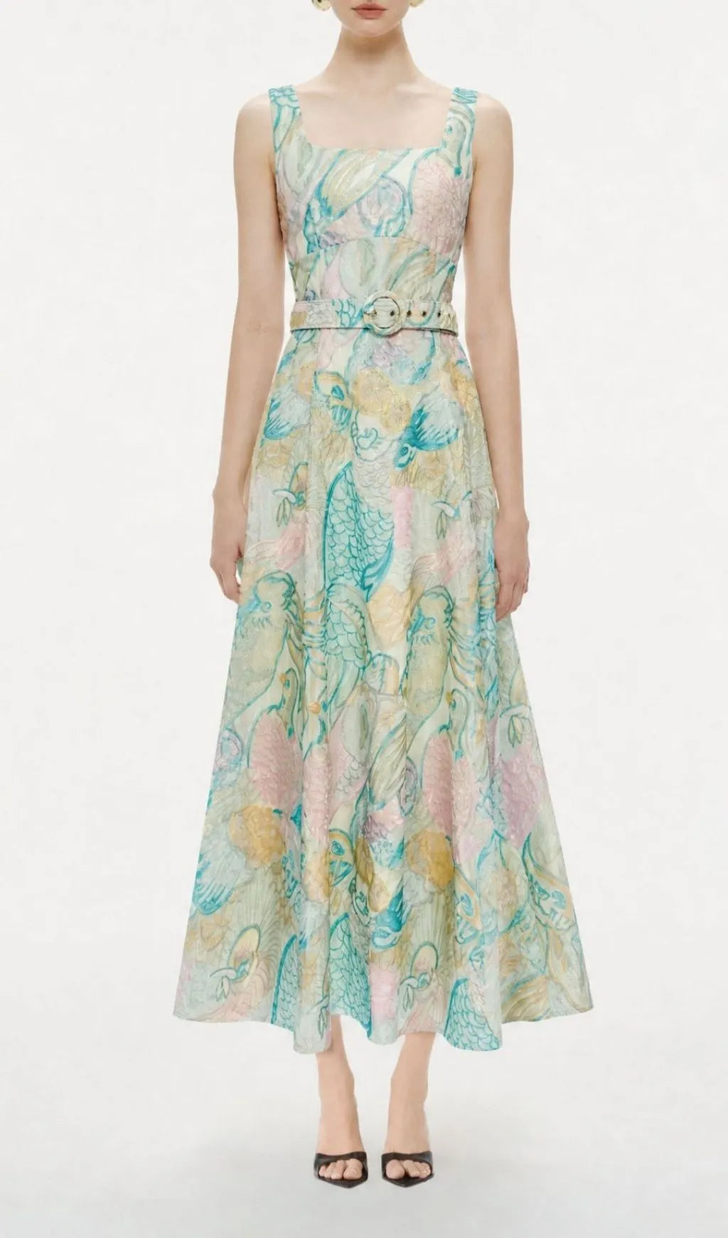 Macklyn Printed Midi Dress With Belt Flowering Girl