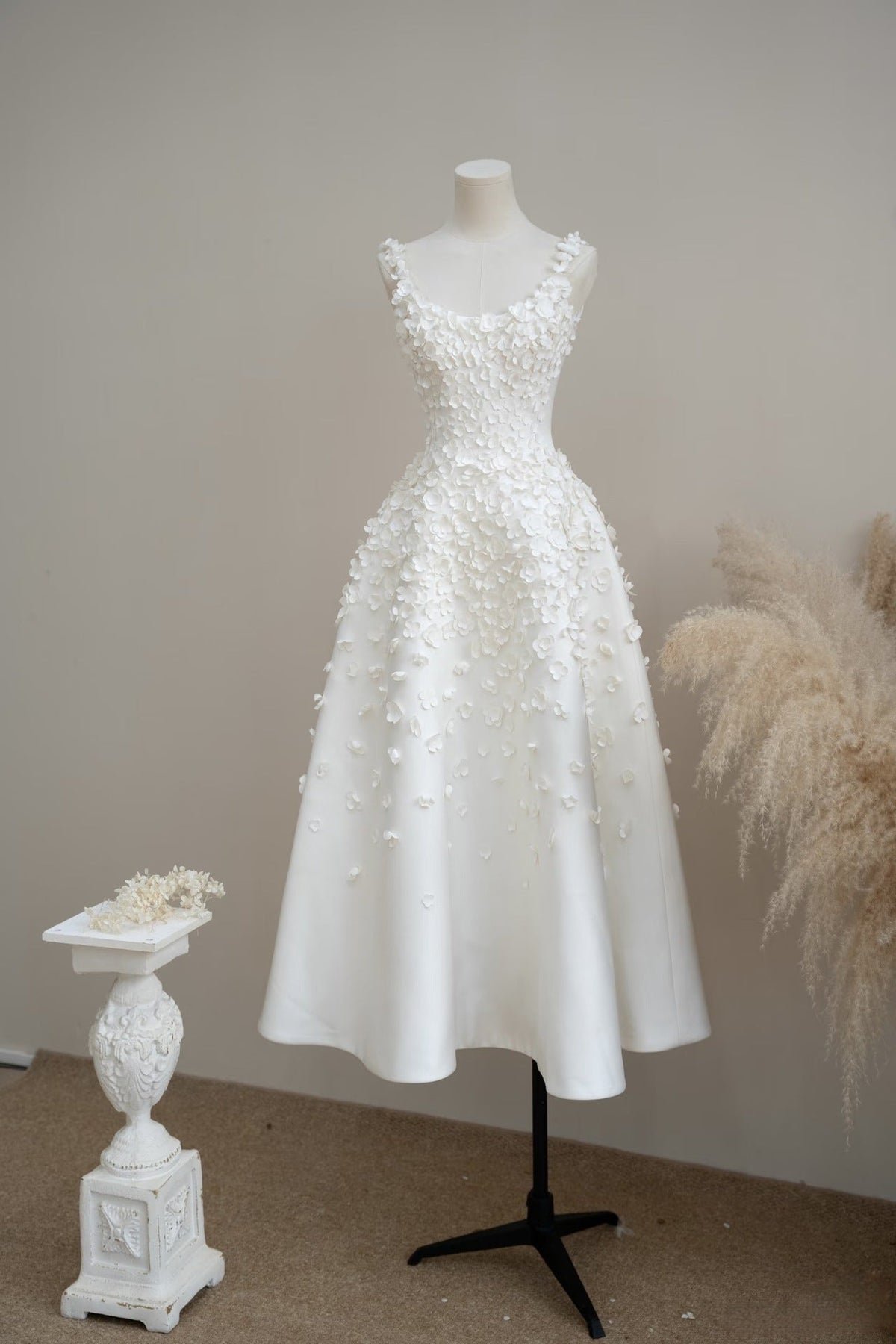 White Satin A-Line Midi Dress with 3D Floral Appliqués Flowering Girl