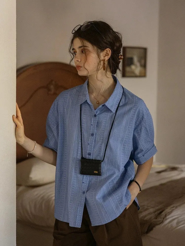 Blue Jacquard Striped Loose Flanged Striped Short-Sleeve Shirt Flowering Girl