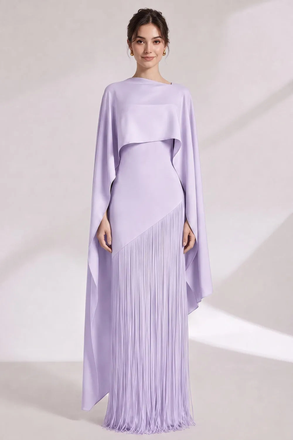 Lavender Structured Crepe Column Evening Gown with Asymmetrical Cape Overlay Flowering Girl