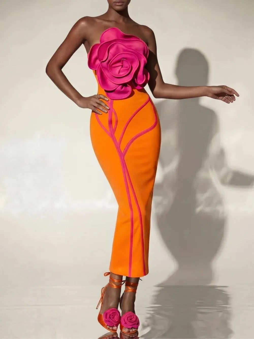 Caldren Strapless Flower Bandage Midi Dress In Orange Flowering Girl