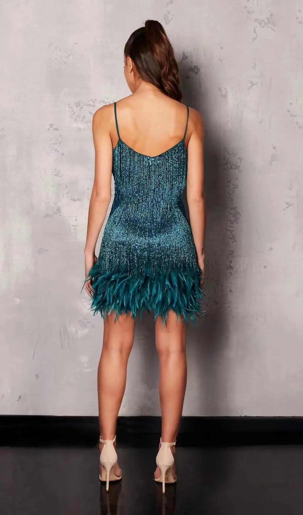 Tassel Feather Mini Dress In Dark Green Flowering Girl
