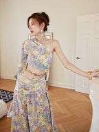 Dolores French-Style Printed Off-Shoulder Single-Sleeve Slit Mini Dress Flowering Girl