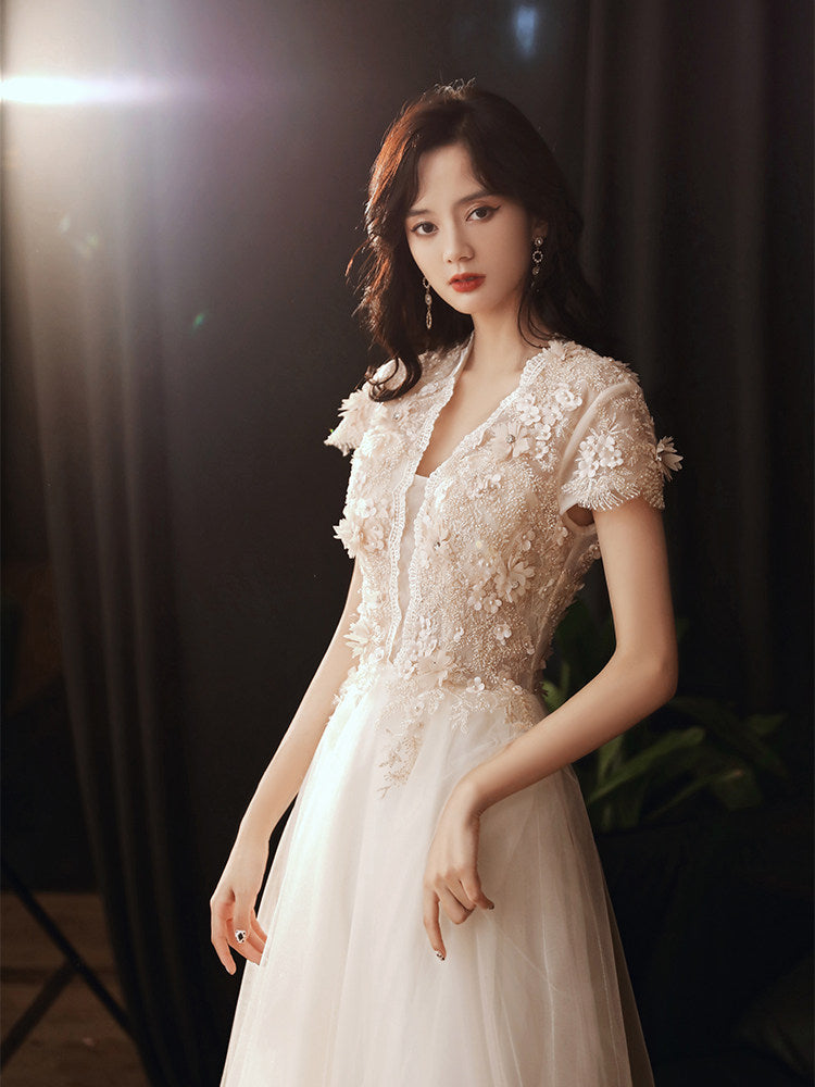 3D Floral Lace Short Sleeve Tulle Floor-Length Evening Gown Flowering Girl