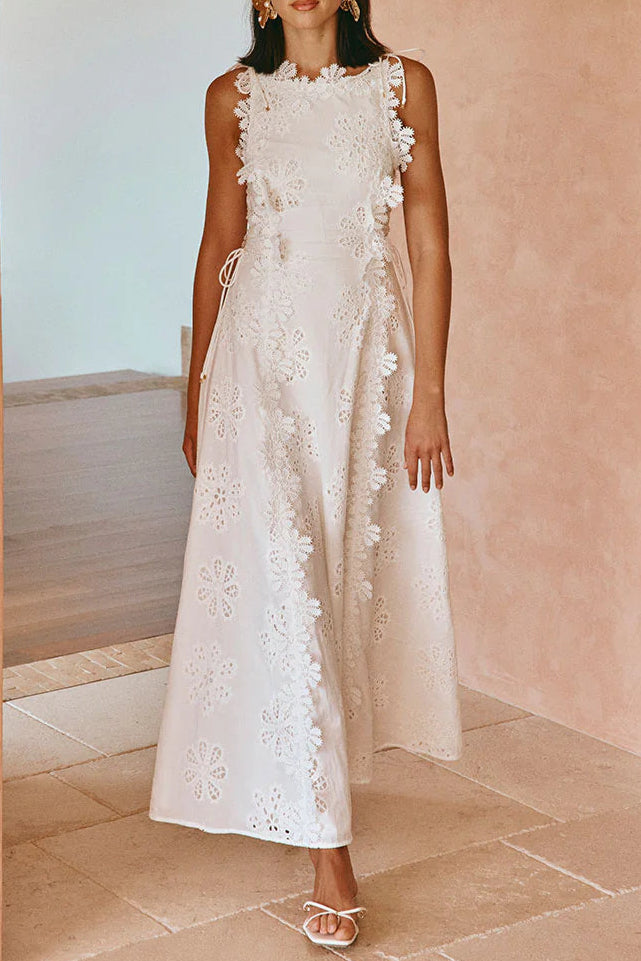 Lace Trim Embroidery Hollow Midi Dress In White Flowering Girl