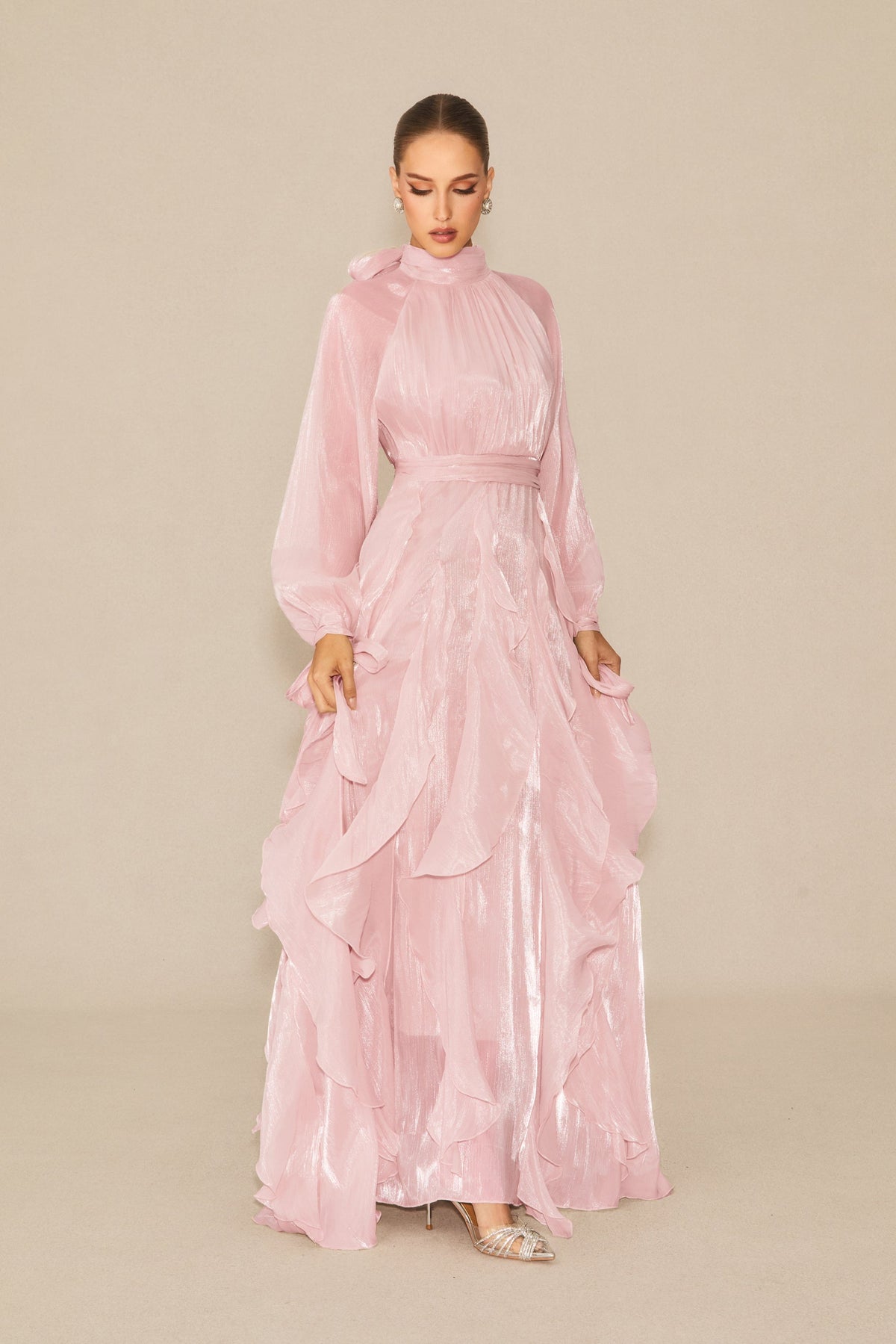 Pandora Puff Sleeve Ruffle Trim Maxi Dress In Pink Flowering Girl