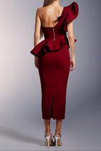 Luysa One Shoulder Asymmetry Red Midi Set Flowering Girl