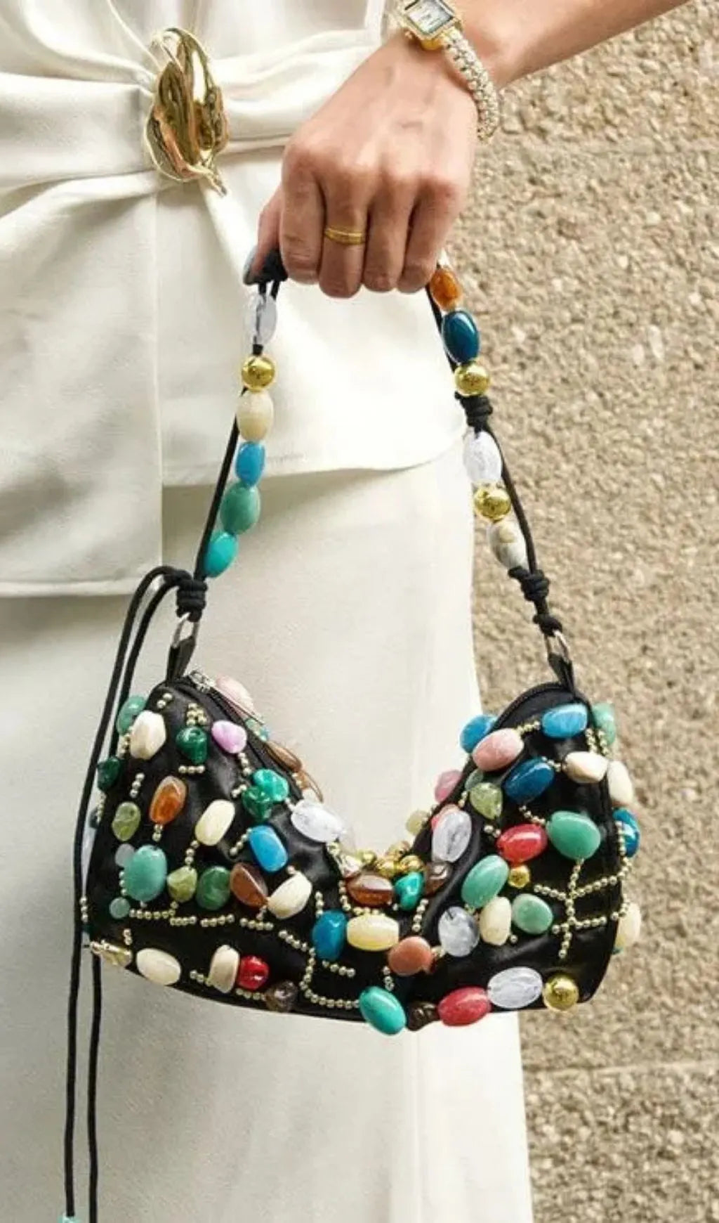 Beaded Crescent Shoulder Bag With Colorful Stone Embellishments Flowering Girl