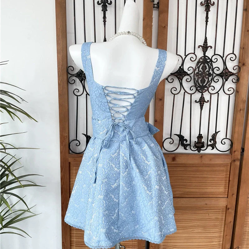 Beaded Square Neck Retro Jacquard Bow Strap Waist A-Line Mini Dress Flowering Girl