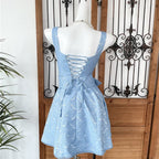 Beaded Square Neck Retro Jacquard Bow Strap Waist A-Line Mini Dress Flowering Girl