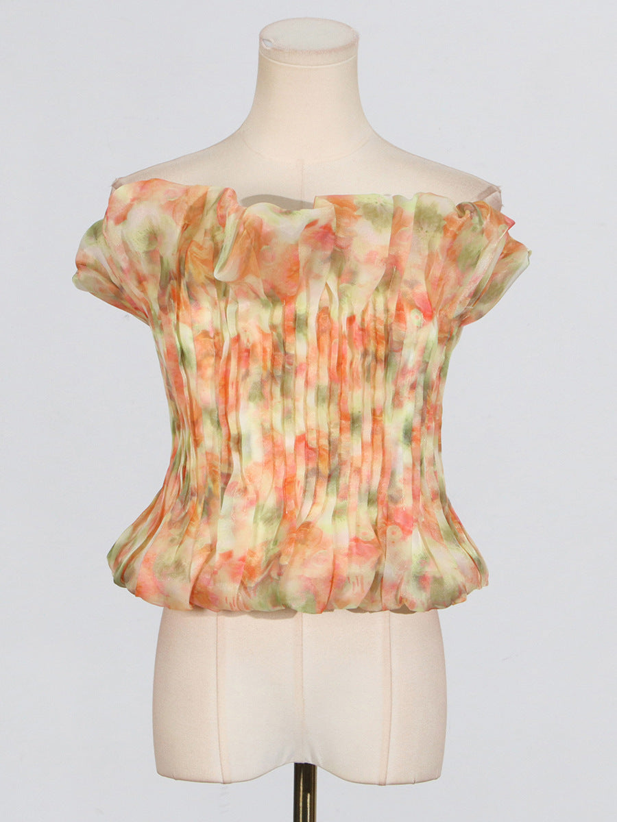Print Ruffle Trim Top In Yellow Flowering Girl