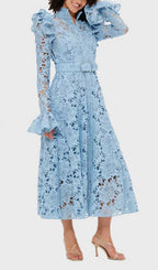 Elea Blue Embroidery Long Sleeve Midi Dress Flowering Girl