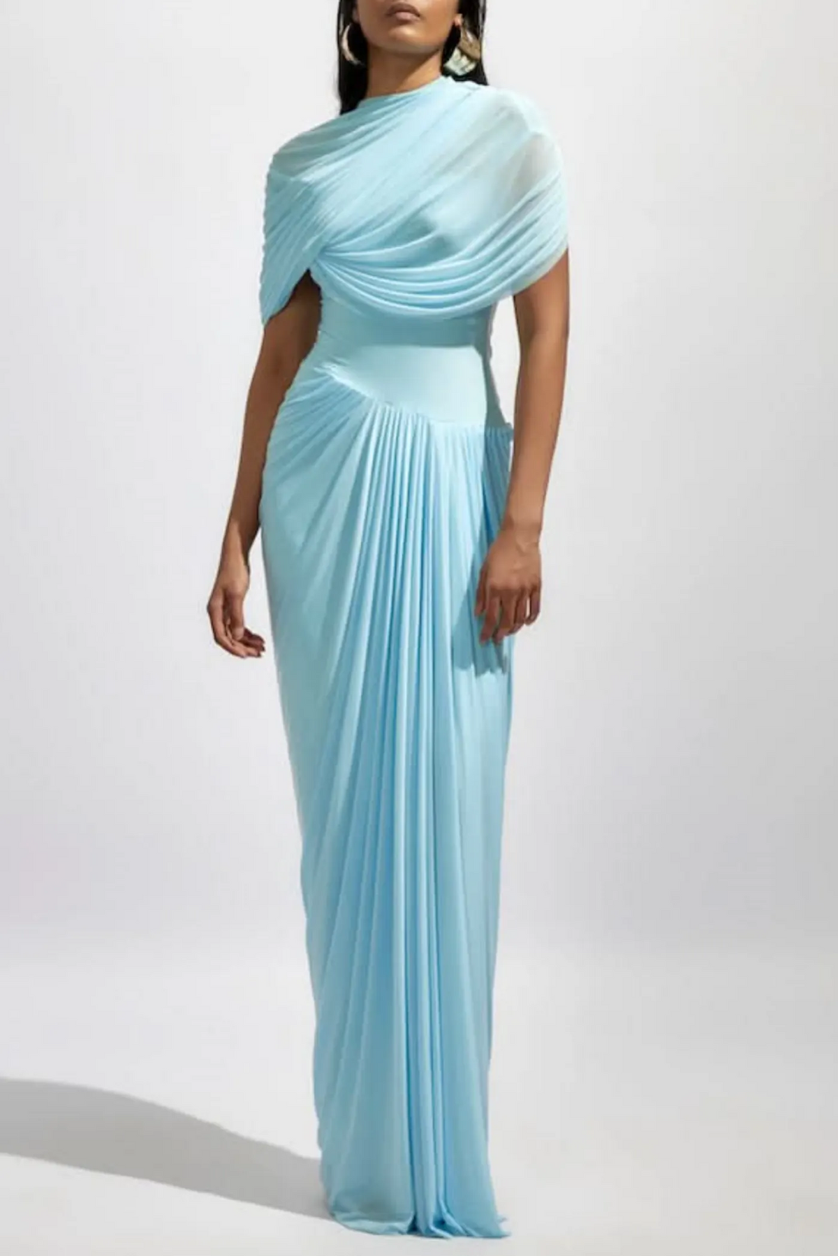 Aakifa Asymmetric Draped Maxi Dress in Baby blue Flowering Girl